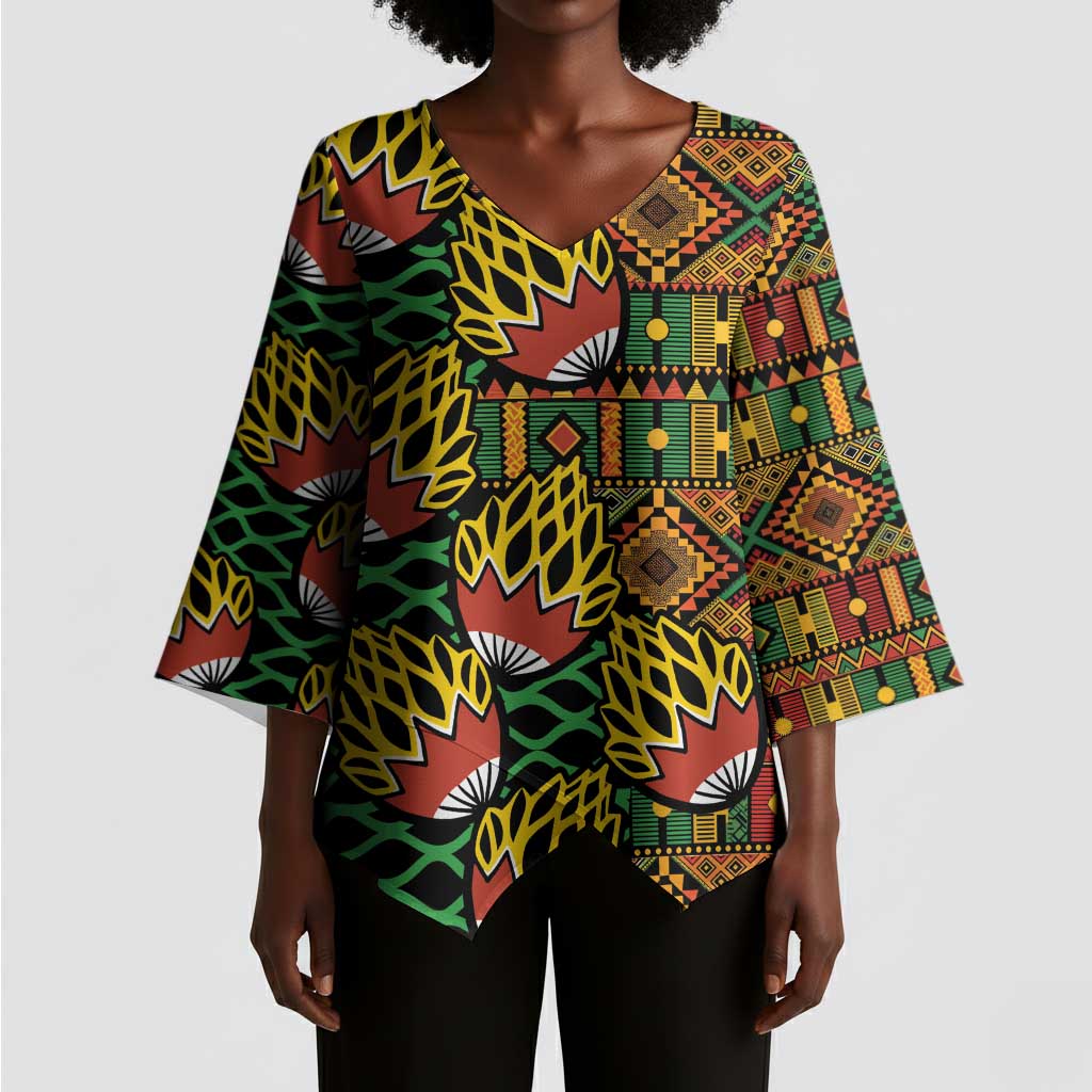 African Tribal Geometric Mixed Kanga Pattern Kimono Sleeve Blouse