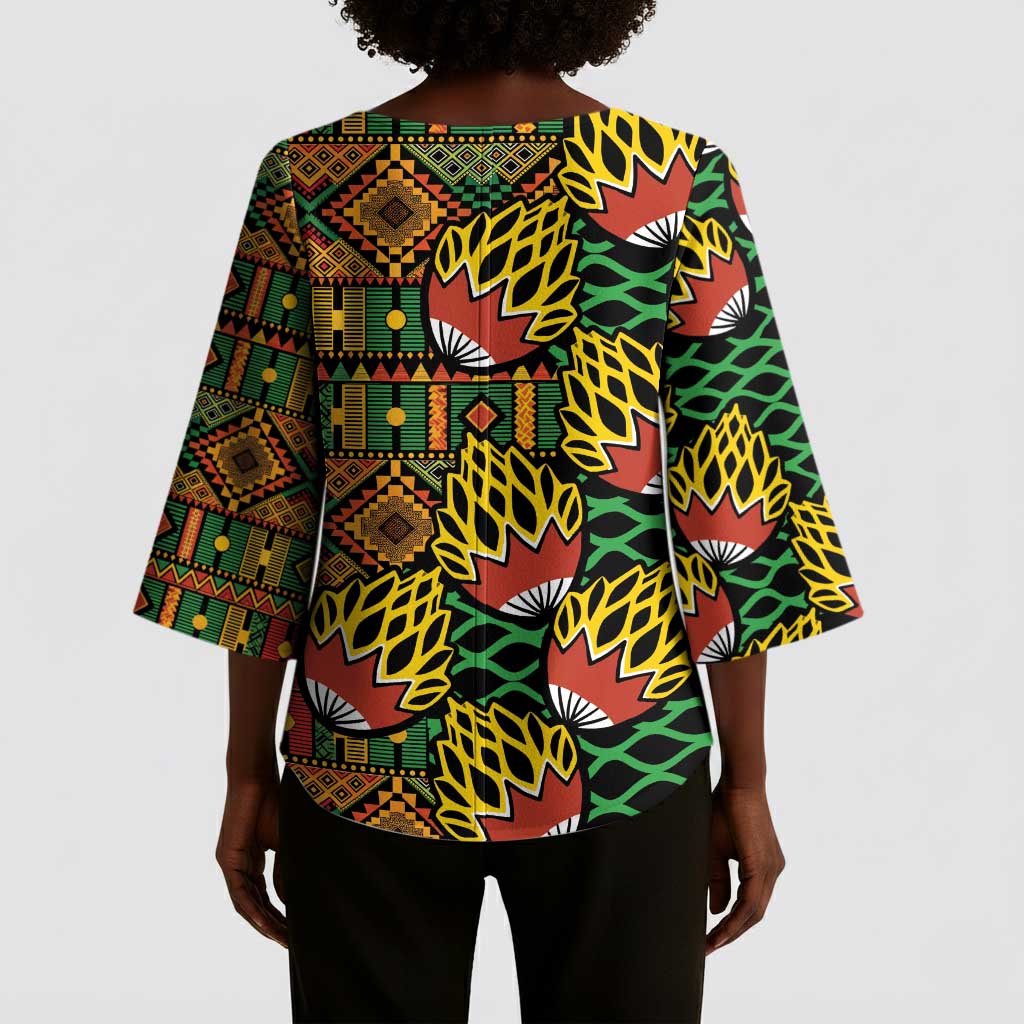 African Tribal Geometric Mixed Kanga Pattern Kimono Sleeve Blouse