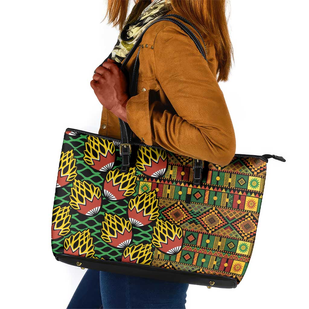 African Tribal Geometric Mixed Kanga Pattern Leather Tote Bag