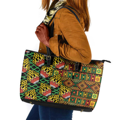 African Tribal Geometric Mixed Kanga Pattern Leather Tote Bag