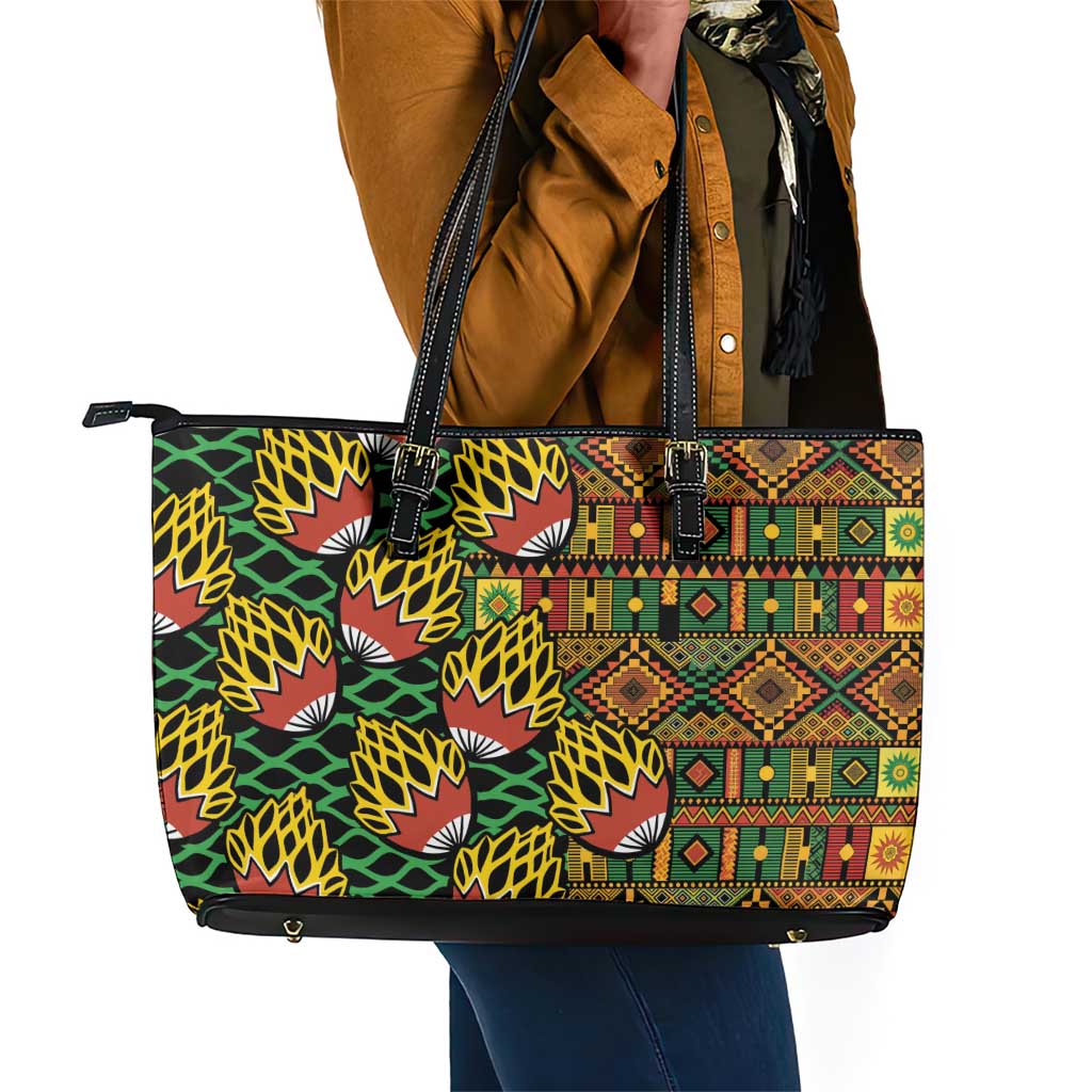 African Tribal Geometric Mixed Kanga Pattern Leather Tote Bag
