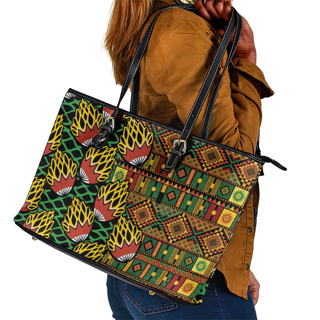 African Tribal Geometric Mixed Kanga Pattern Leather Tote Bag