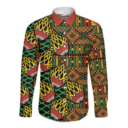 African Tribal Geometric Mixed Kanga Pattern Long Sleeve Button Shirt