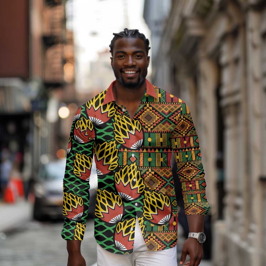 African Tribal Geometric Mixed Kanga Pattern Long Sleeve Button Shirt