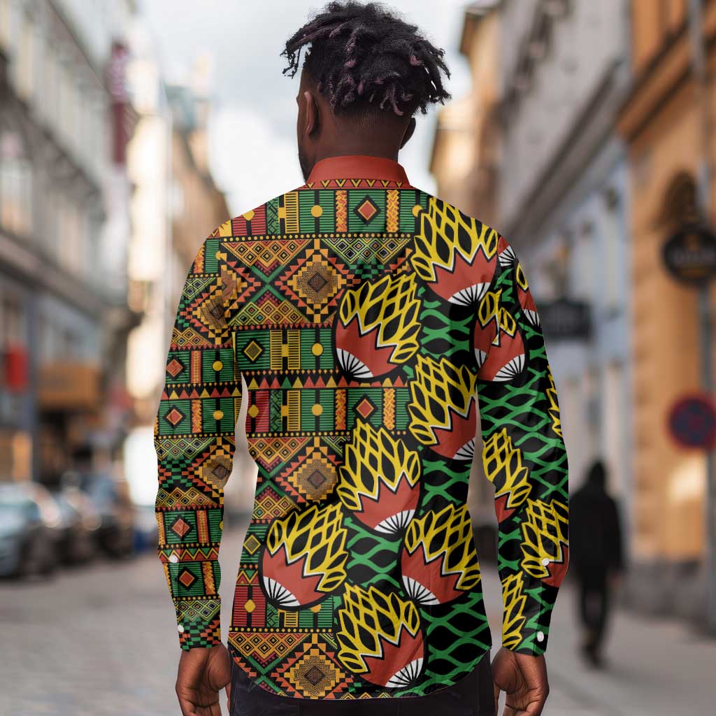 African Tribal Geometric Mixed Kanga Pattern Long Sleeve Button Shirt