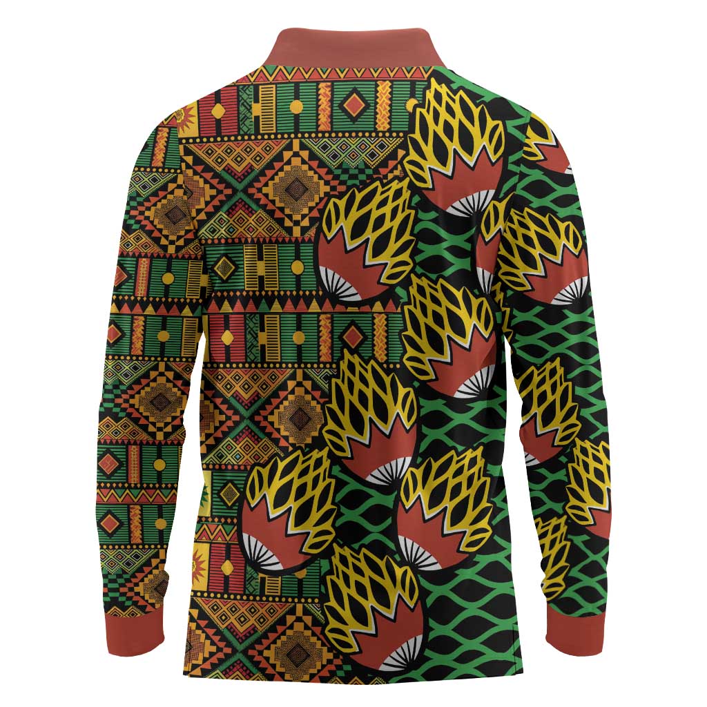 African Tribal Geometric Mixed Kanga Pattern Long Sleeve Polo Shirt