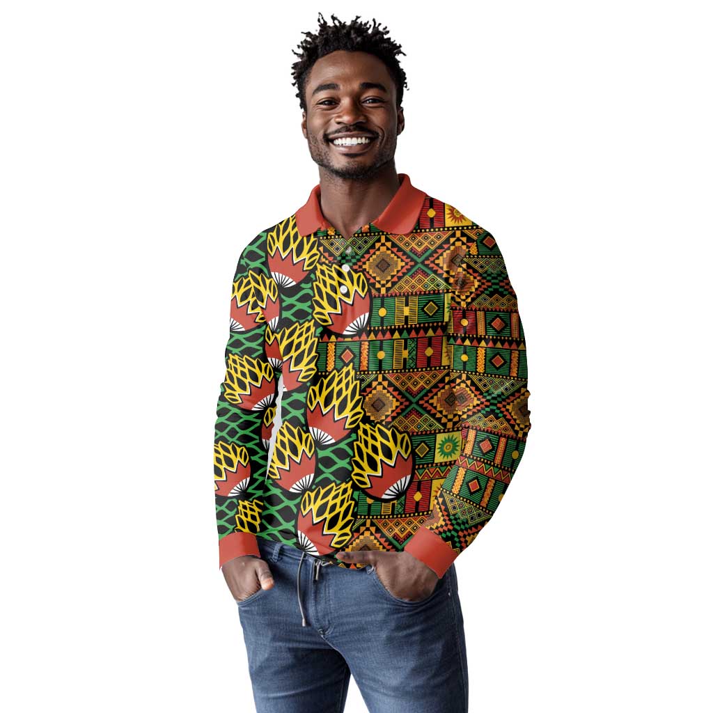 African Tribal Geometric Mixed Kanga Pattern Long Sleeve Polo Shirt