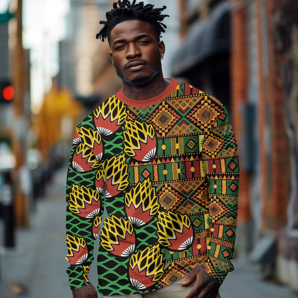 African Tribal Geometric Mixed Kanga Pattern Long Sleeve Shirt