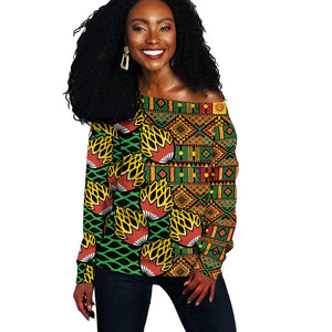 African Tribal Geometric Mixed Kanga Pattern Off Shoulder Sweater