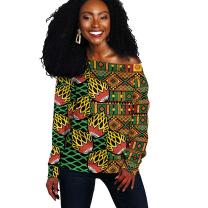 African Tribal Geometric Mixed Kanga Pattern Off Shoulder Sweater