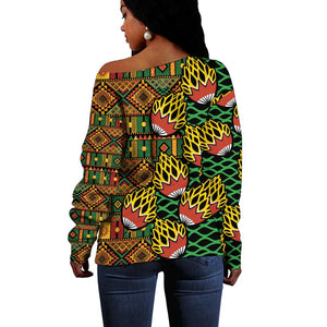 African Tribal Geometric Mixed Kanga Pattern Off Shoulder Sweater