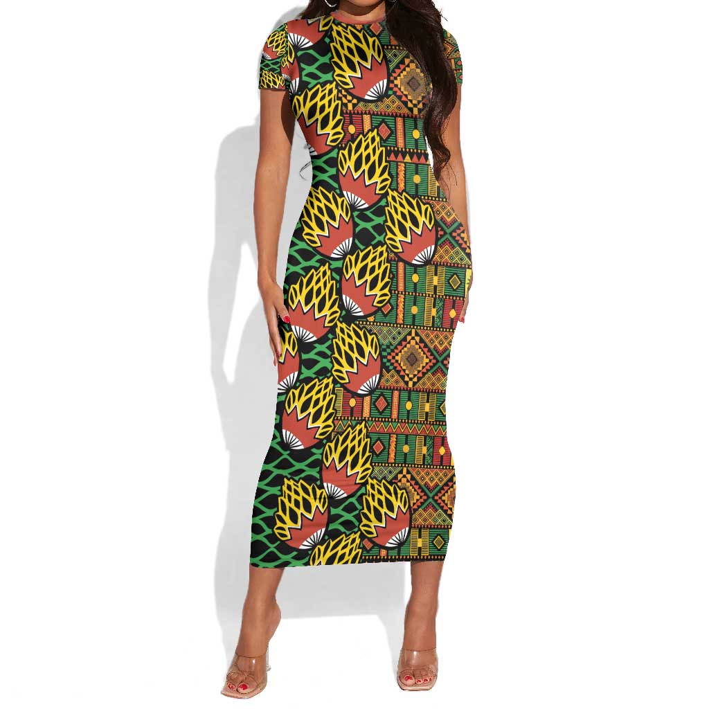 African Tribal Geometric Mixed Kanga Pattern Short Sleeve Bodycon Dress LT9