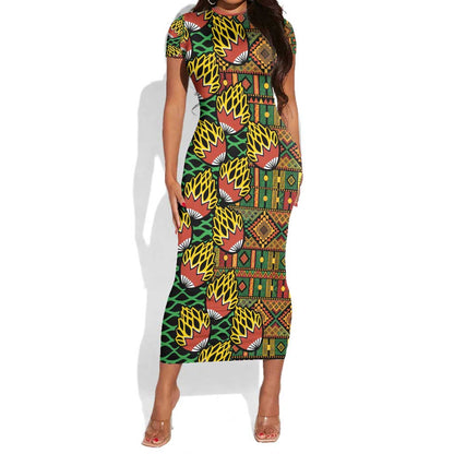 African Tribal Geometric Mixed Kanga Pattern Short Sleeve Bodycon Dress LT9