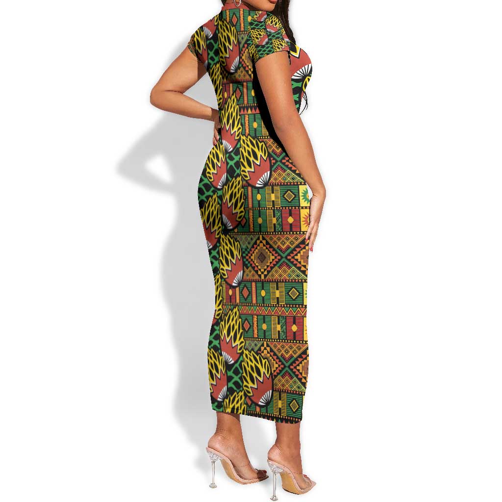 African Tribal Geometric Mixed Kanga Pattern Short Sleeve Bodycon Dress LT9