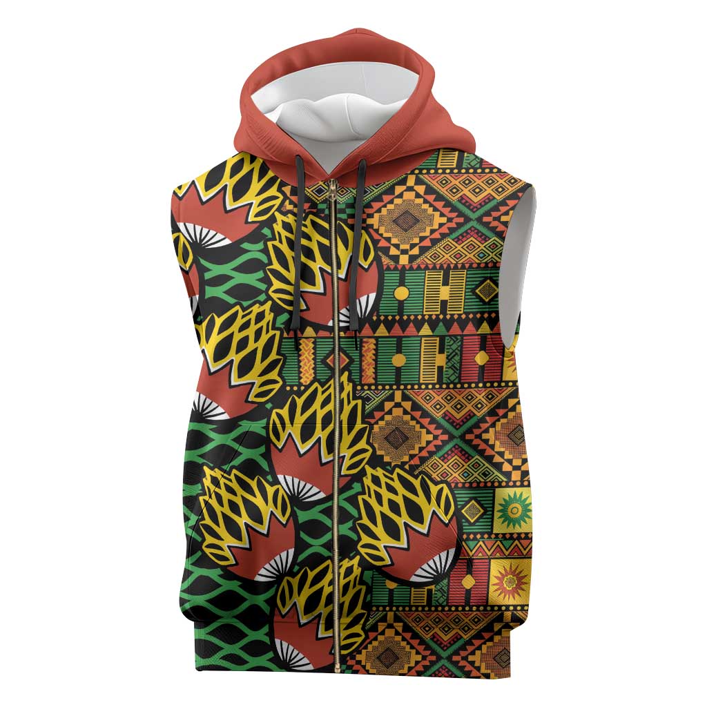 African Tribal Geometric Mixed Kanga Pattern Sleeveless Zip Hoodie - African Pride