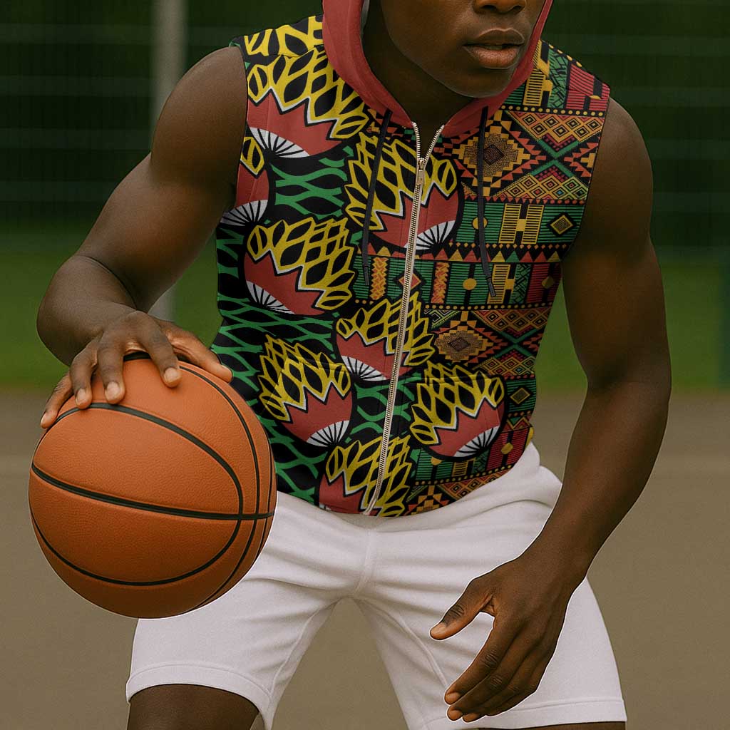 African Tribal Geometric Mixed Kanga Pattern Sleeveless Zip Hoodie - African Pride