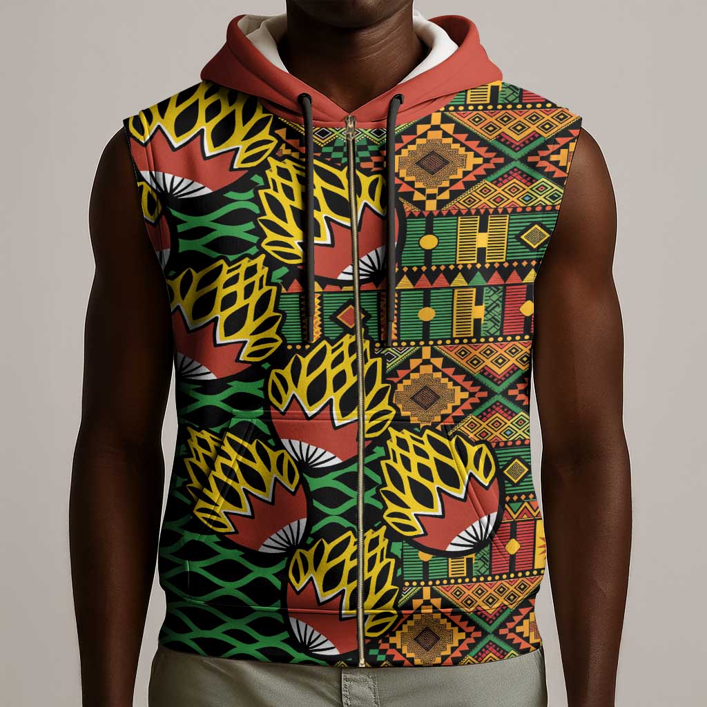 African Tribal Geometric Mixed Kanga Pattern Sleeveless Zip Hoodie - African Pride