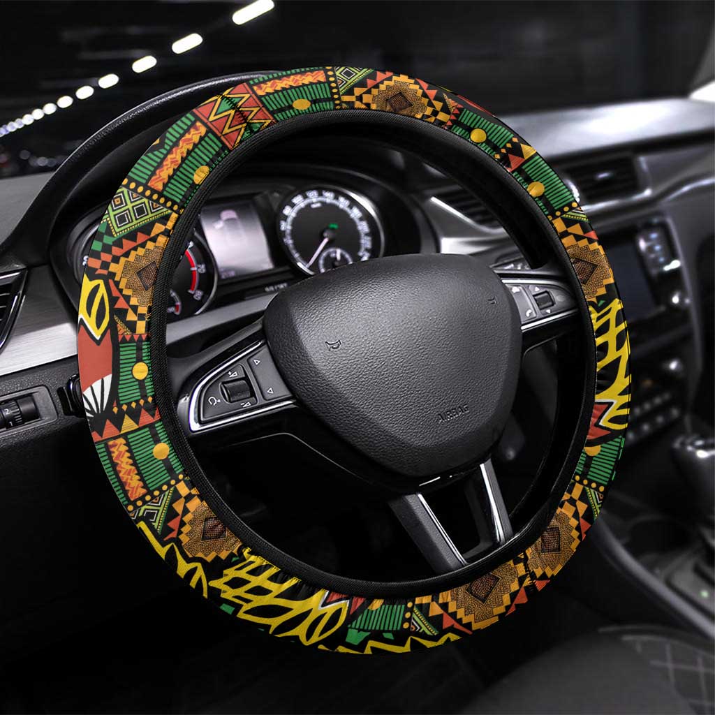 African Tribal Geometric Mixed Kanga Pattern Steering Wheel Cover