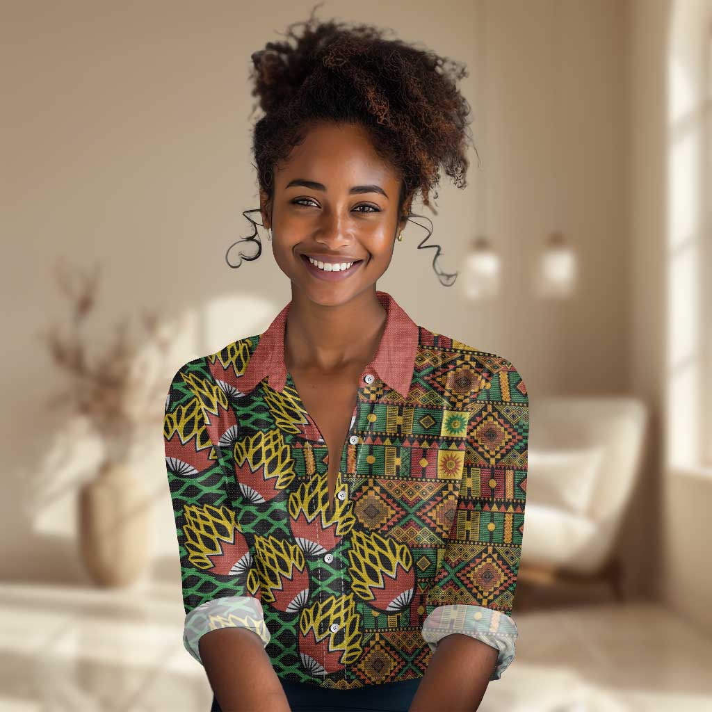 African Tribal Geometric Mixed Kanga Pattern Women Casual Shirt LT9