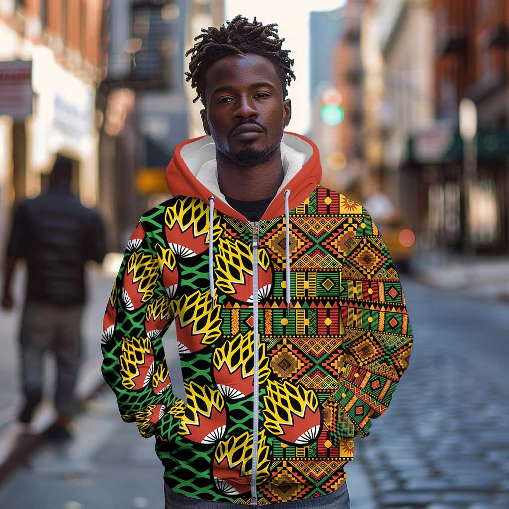 African Tribal Geometric Mixed Kanga Pattern Zip Hoodie