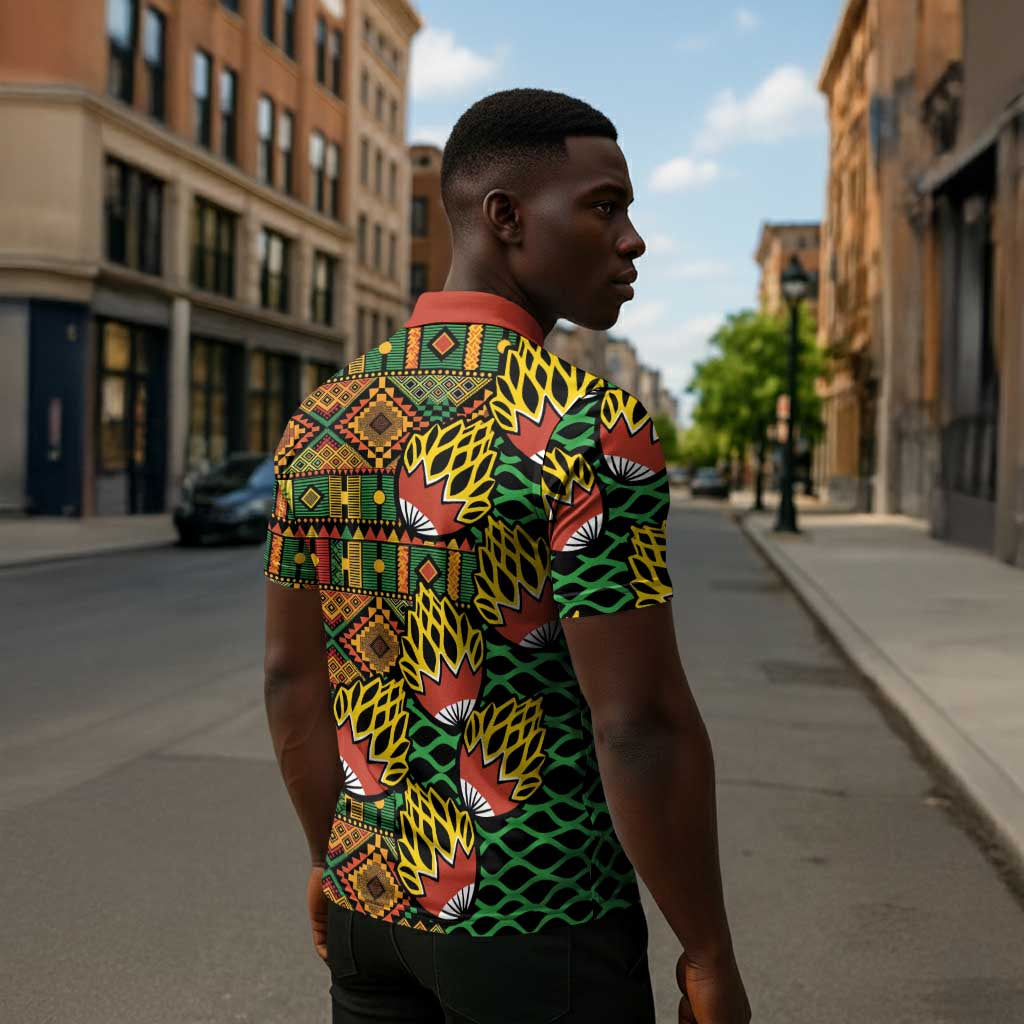 African Tribal Geometric Mixed Kanga Pattern Zipper Polo Shirt