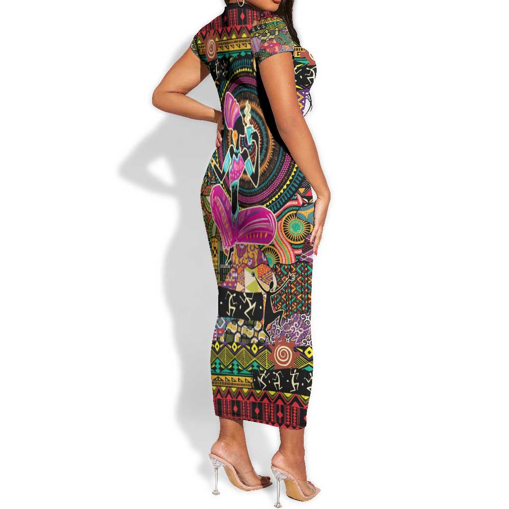 African Women Ethnic Motifs Short Sleeve Bodycon Dress LT9