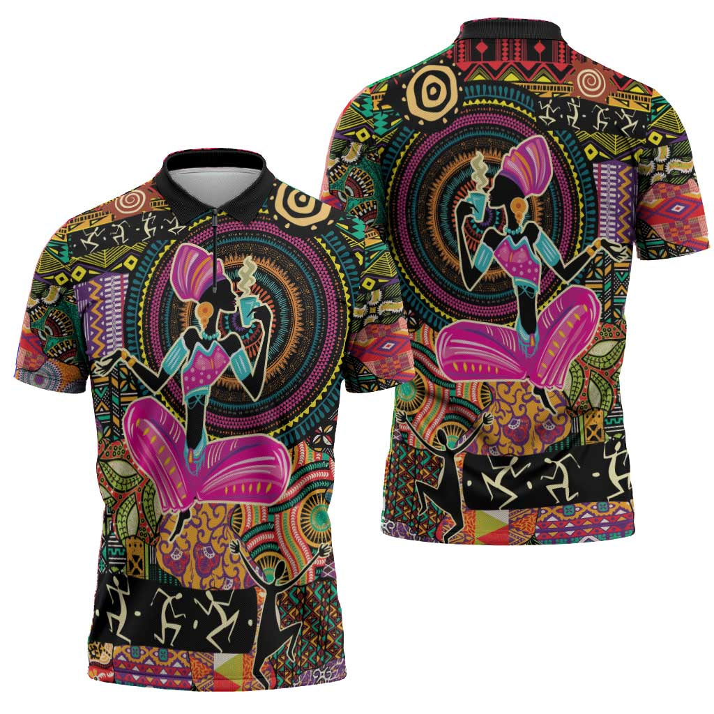 African Women Ethnic Motifs Zipper Polo Shirt