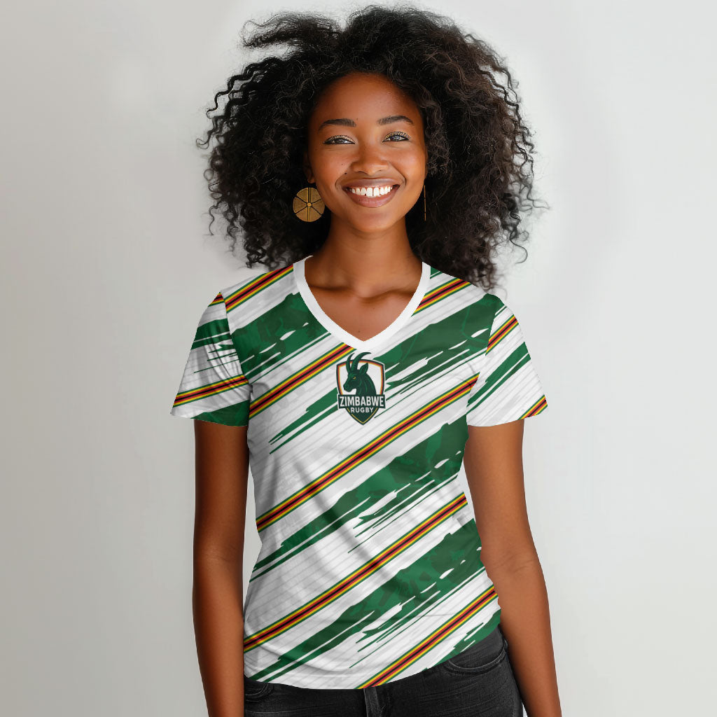 2026 Rugby Nations Series Custom Zimbabwe Women V-Neck T-Shirt Great Sables Zimbabwe