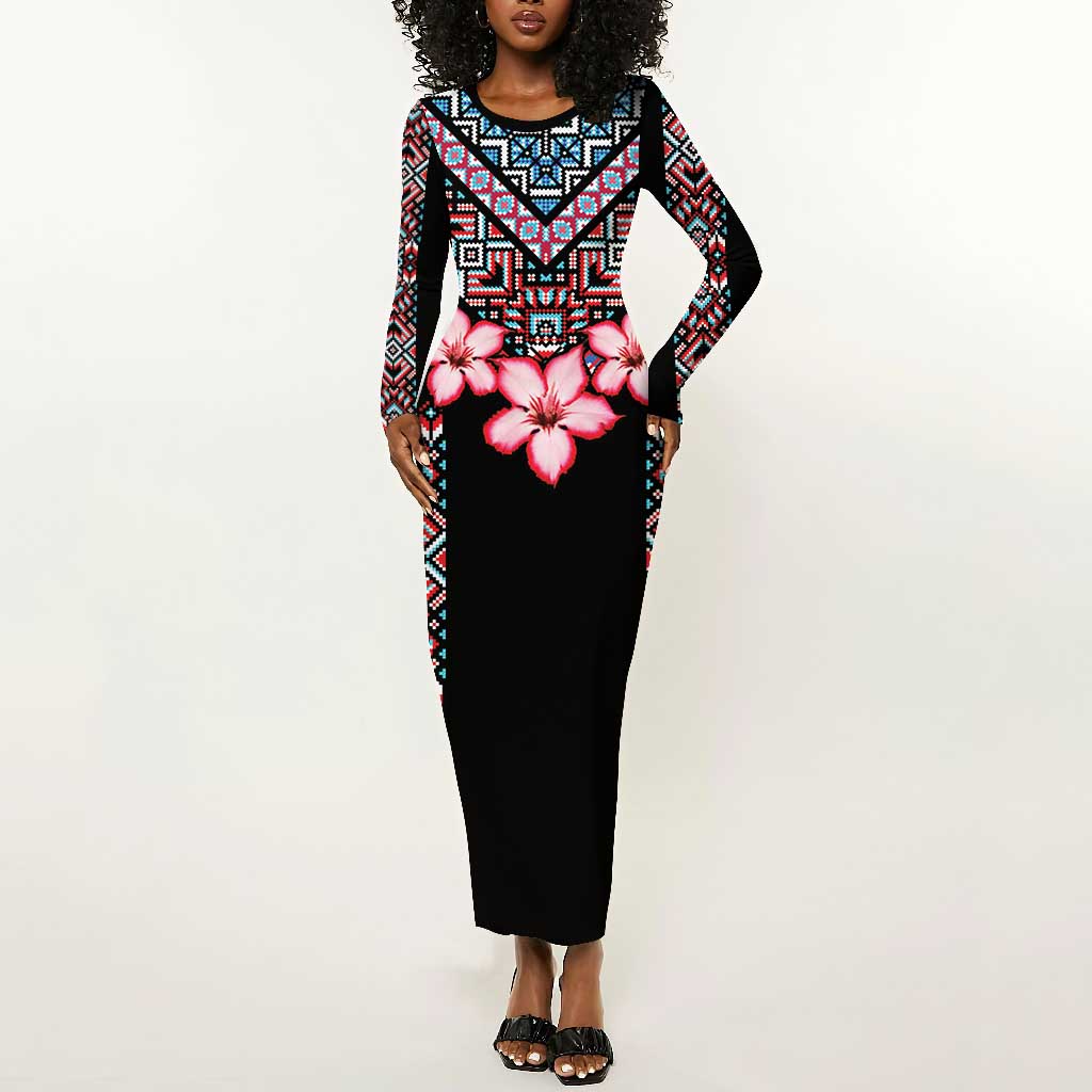 Afro Adenium Multiflorum Flowers Long Sleeve Bodycon Dress Mix Native Tribal Pattern LT9