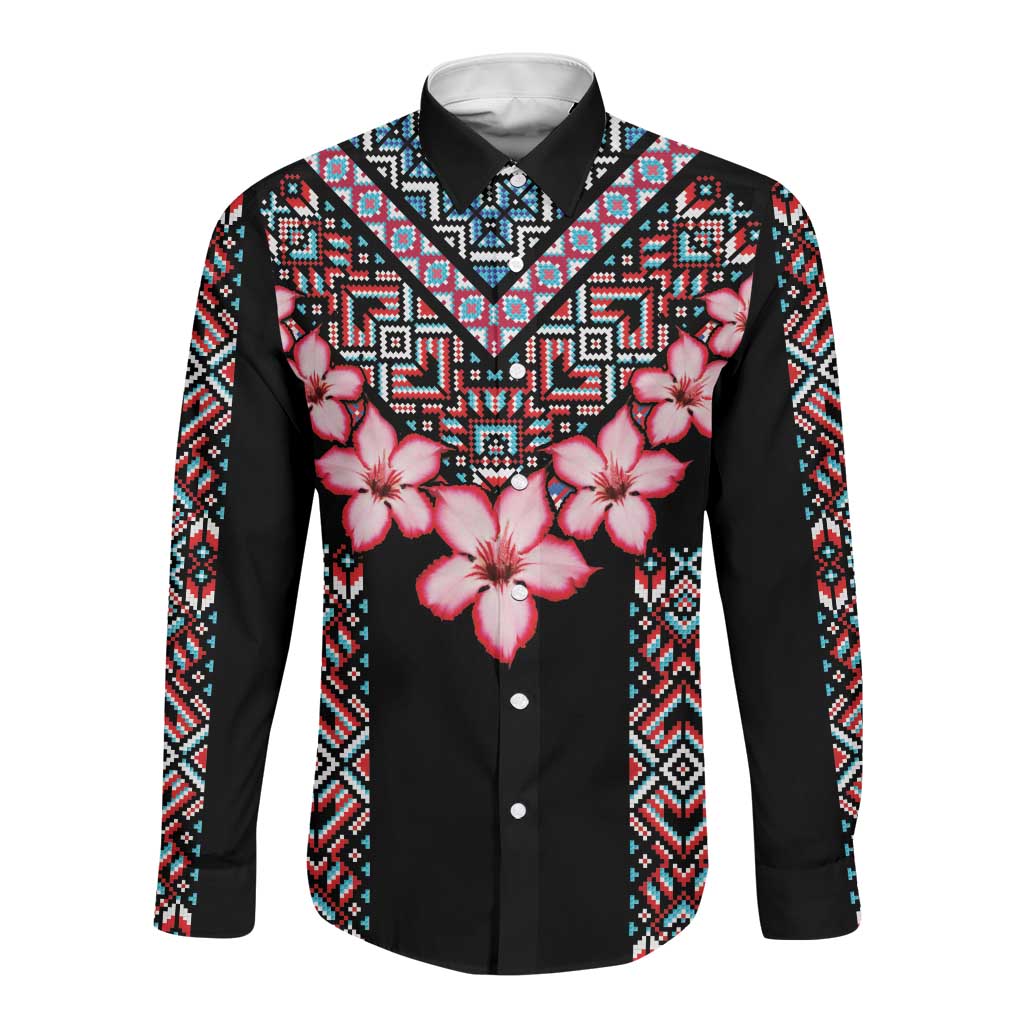 Afro Adenium Multiflorum Flowers Long Sleeve Button Shirt Mix Native Tribal Pattern