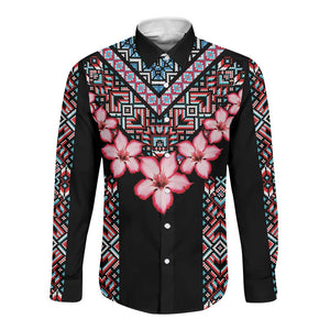 Afro Adenium Multiflorum Flowers Long Sleeve Button Shirt Mix Native Tribal Pattern