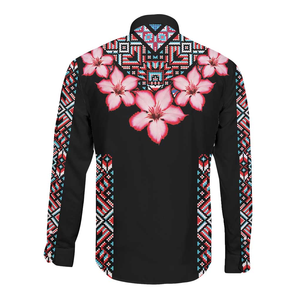 Afro Adenium Multiflorum Flowers Long Sleeve Button Shirt Mix Native Tribal Pattern