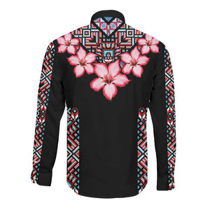 Afro Adenium Multiflorum Flowers Long Sleeve Button Shirt Mix Native Tribal Pattern
