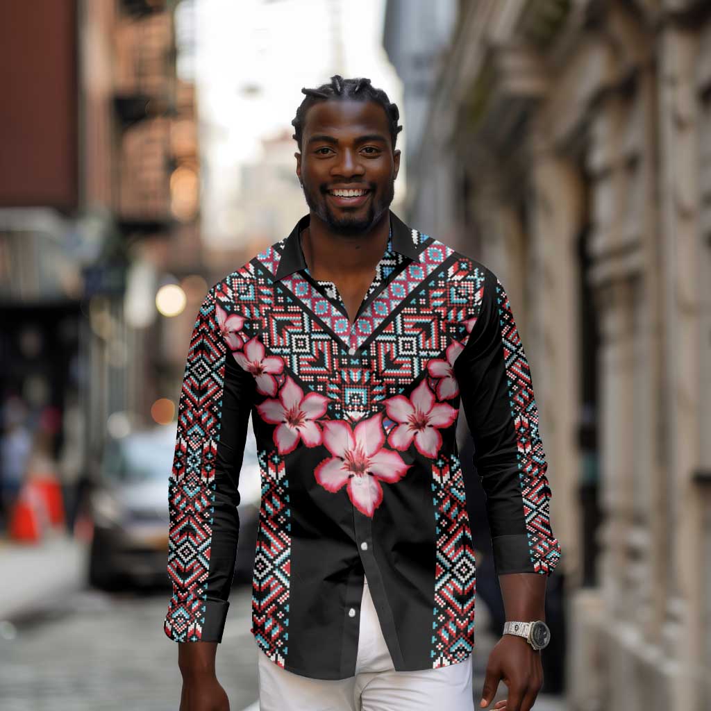 Afro Adenium Multiflorum Flowers Long Sleeve Button Shirt Mix Native Tribal Pattern