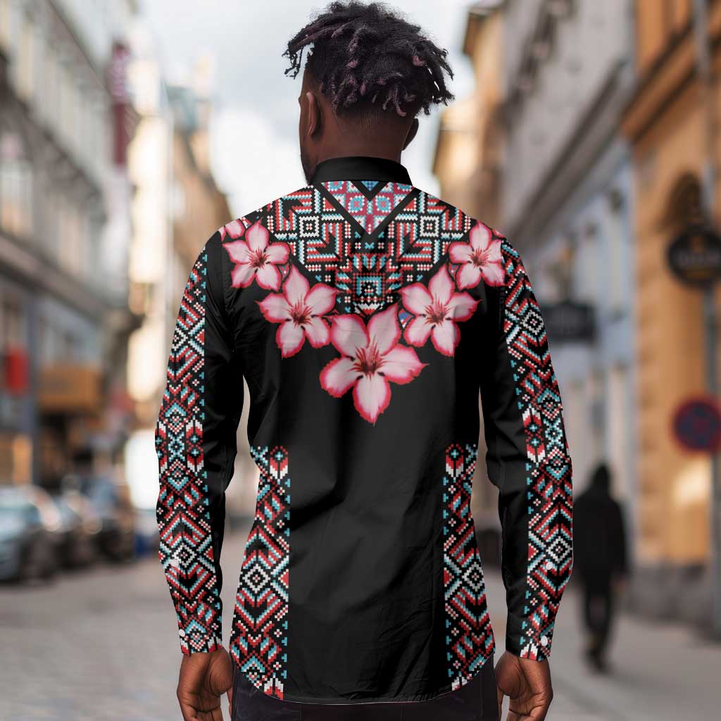 Afro Adenium Multiflorum Flowers Long Sleeve Button Shirt Mix Native Tribal Pattern