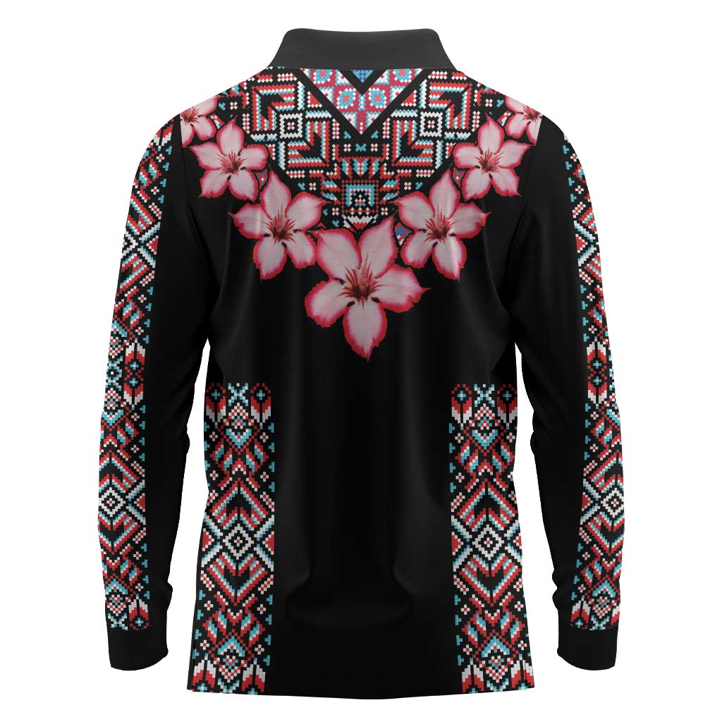 Afro Adenium Multiflorum Flowers Long Sleeve Polo Shirt Mix Native Tribal Pattern