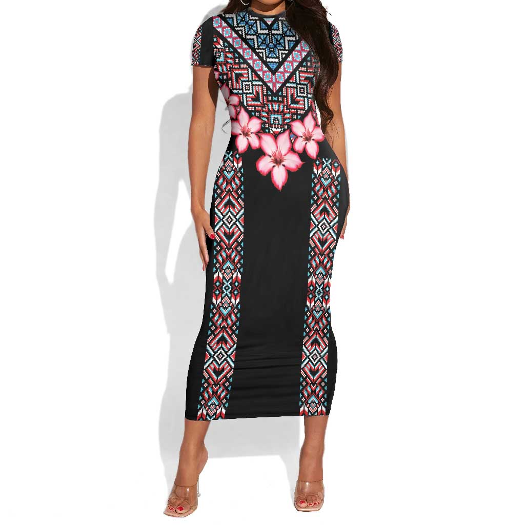 Afro Adenium Multiflorum Flowers Short Sleeve Bodycon Dress Mix Native Tribal Pattern LT9
