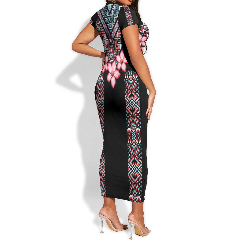 Afro Adenium Multiflorum Flowers Short Sleeve Bodycon Dress Mix Native Tribal Pattern LT9