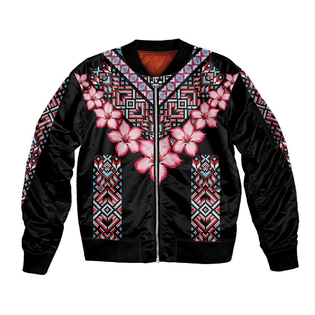 Afro Adenium Multiflorum Flowers Sleeve Zip Bomber Jacket Mix Native Tribal Pattern