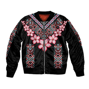 Afro Adenium Multiflorum Flowers Sleeve Zip Bomber Jacket Mix Native Tribal Pattern