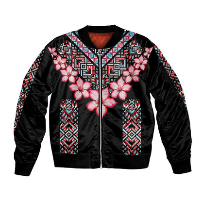 Afro Adenium Multiflorum Flowers Sleeve Zip Bomber Jacket Mix Native Tribal Pattern
