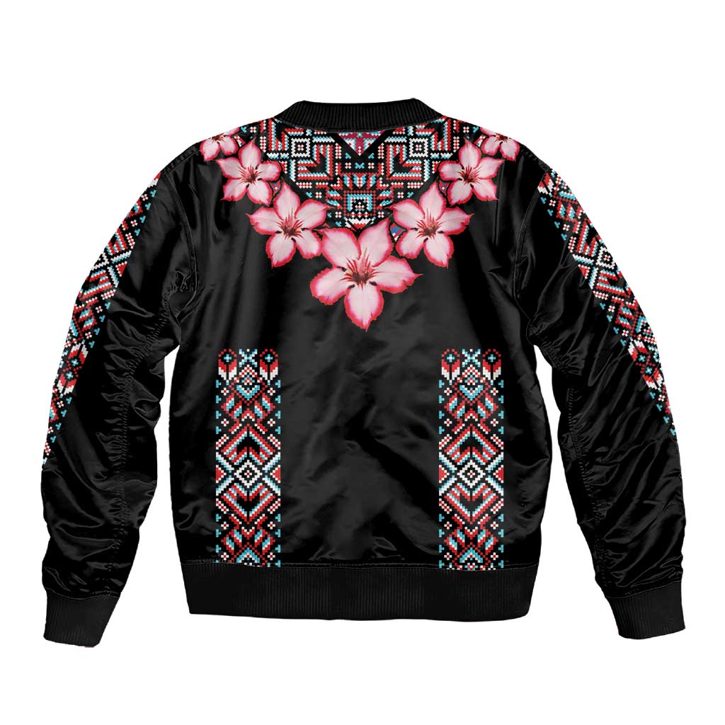 Afro Adenium Multiflorum Flowers Sleeve Zip Bomber Jacket Mix Native Tribal Pattern