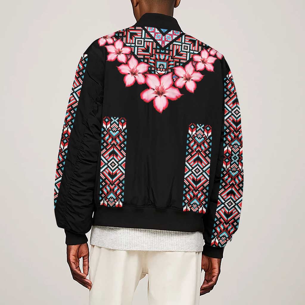 Afro Adenium Multiflorum Flowers Sleeve Zip Bomber Jacket Mix Native Tribal Pattern