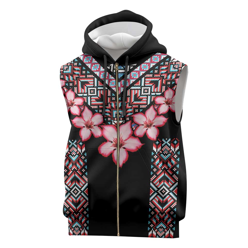 Afro Adenium Multiflorum Flowers Sleeveless Zip Hoodie Mix Native Tribal Pattern - African Pride