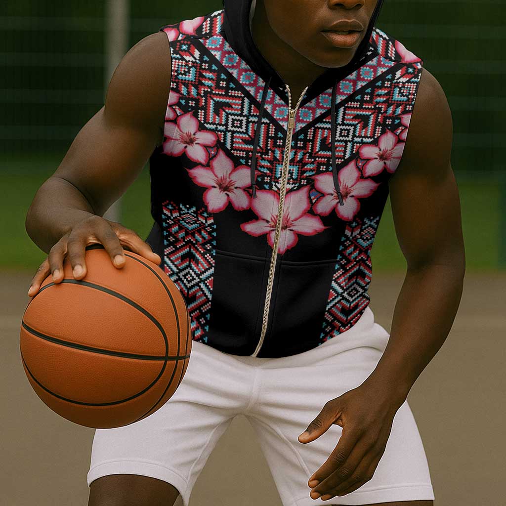 Afro Adenium Multiflorum Flowers Sleeveless Zip Hoodie Mix Native Tribal Pattern - African Pride