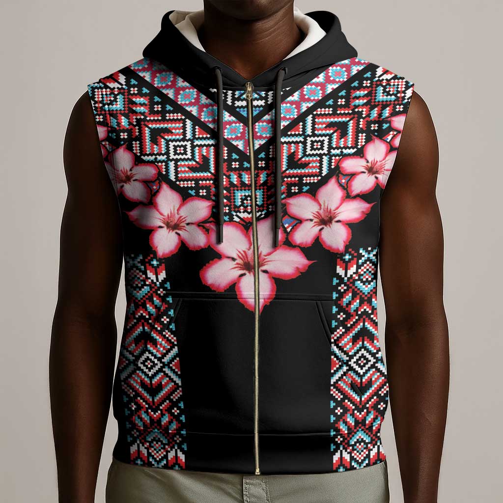Afro Adenium Multiflorum Flowers Sleeveless Zip Hoodie Mix Native Tribal Pattern - African Pride