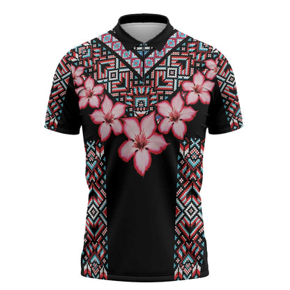 Africa Adenium Multiflorum Flowers Zipper Polo Shirt Mix Native Tribal Pattern