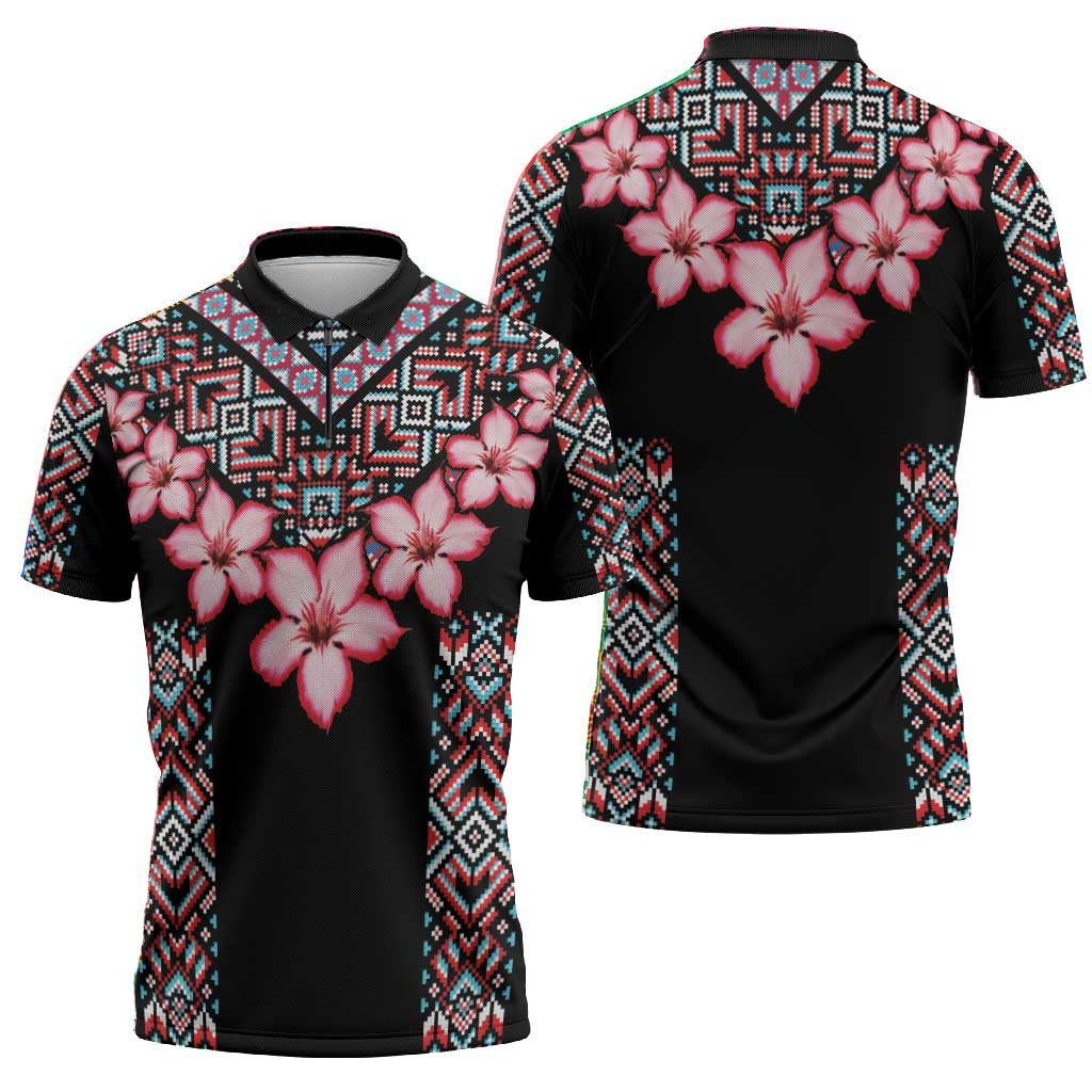 Africa Adenium Multiflorum Flowers Zipper Polo Shirt Mix Native Tribal Pattern