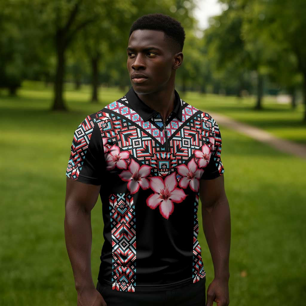 Africa Adenium Multiflorum Flowers Zipper Polo Shirt Mix Native Tribal Pattern