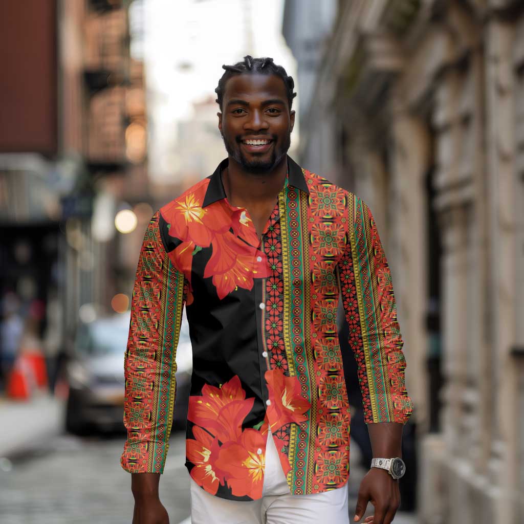 Afro Beauty Clivia Miniata Flowers Long Sleeve Button Shirt